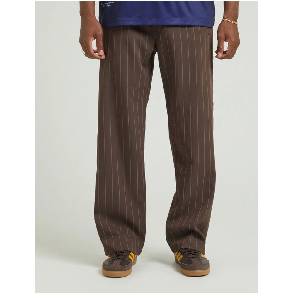 PacSun Mens Y2K Brown Streetwear Track Trousers Size L Brown Pinstripe Snap Side